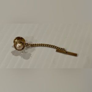 Vintage White Pearl Ball Tie Tack With Chain Gold Tone White Stone